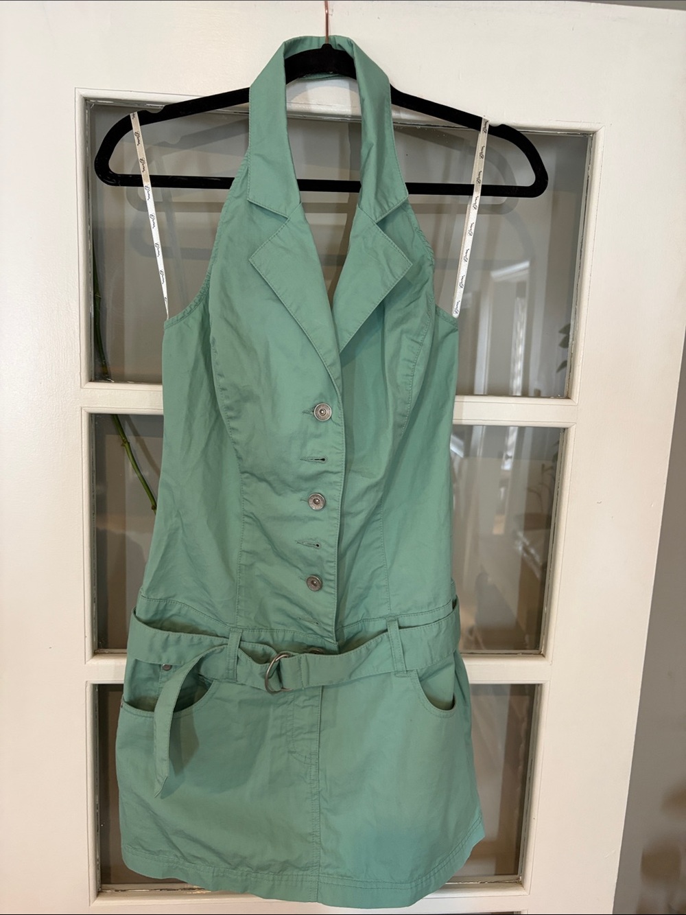 Vintage GUESS Mint Green Halter Utility Mini Dress Belted – S